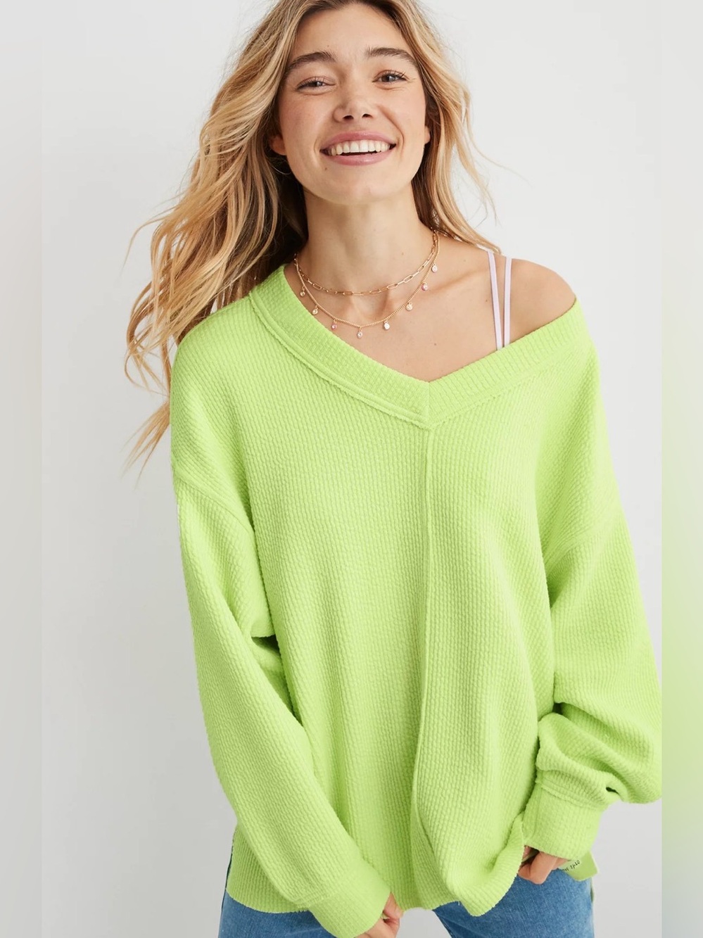 aerie wonder textured Lime Green Off-the-Shoulder V-Neck Sweater